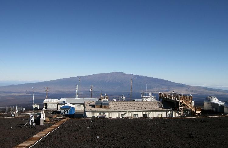 The Mauna Loa Observatory with Mauna Kea in the background. Copyright by Forrest M. Mims III.